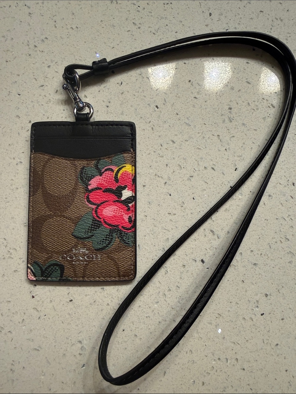 Coach Brown Signature Floral Card Holder Lanyard with Pink Bloom